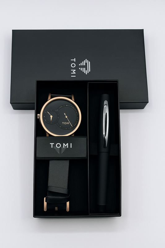 TOMI Men’s Luxury Gift Set –  Gold Black Dial Watch with Leather Strap & Signature Pen