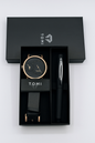 TOMI Men’s Luxury Gift Set –  Gold Black Dial Watch with Leather Strap & Signature Pen
