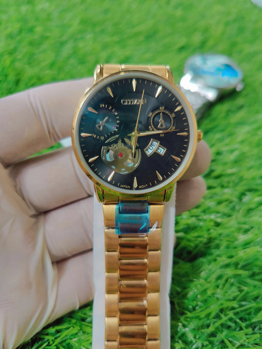 Citizen men’s black dial and gold stainless steel chain watch