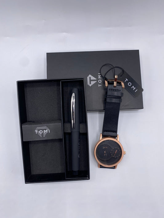 TOMI Men’s Luxury Gift Set –  Gold Black Dial Watch with Leather Strap & Signature Pen