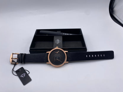 TOMI Men’s Luxury Gift Set –  Gold Black Dial Watch with Leather Strap & Signature Pen
