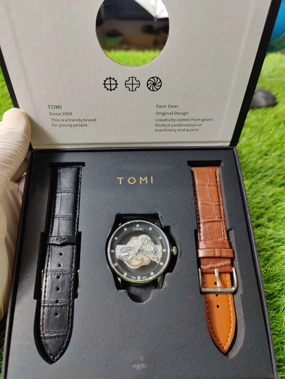 Transparent dial TOMI quartz watch with black and brown straps – Pakistan