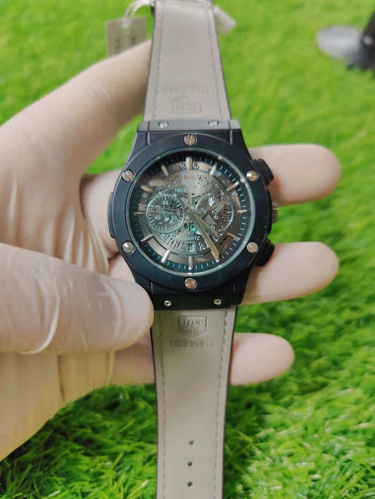 True Worth automatic watch with black dial and cream white leather strap