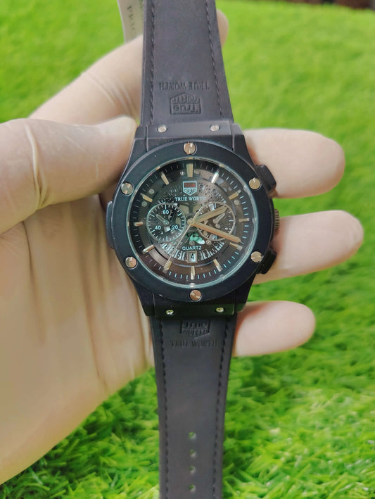 True Worth automatic watch with black dial and navy blue leather strap