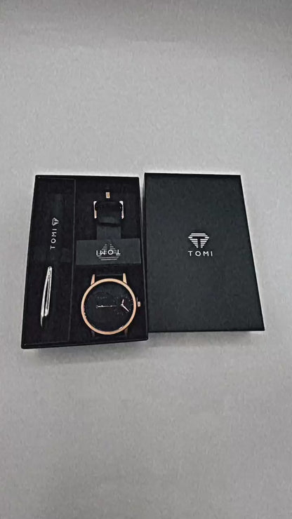 TOMI Men’s Luxury Gift Set –  Gold Black Dial Watch with Leather Strap & Signature Pen